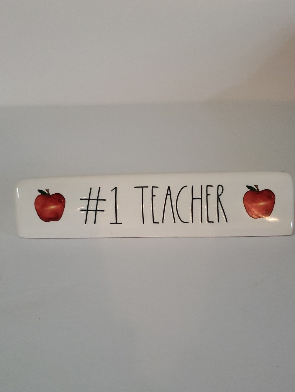 Rae Dunn "#1 Teacher" Ceramic Sign - Ivory with Red Apple Accents